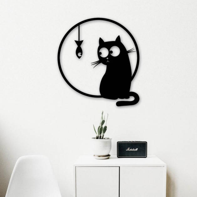 

Декор для стен Панно из дерева Кот и рыбка 60х65, Черный