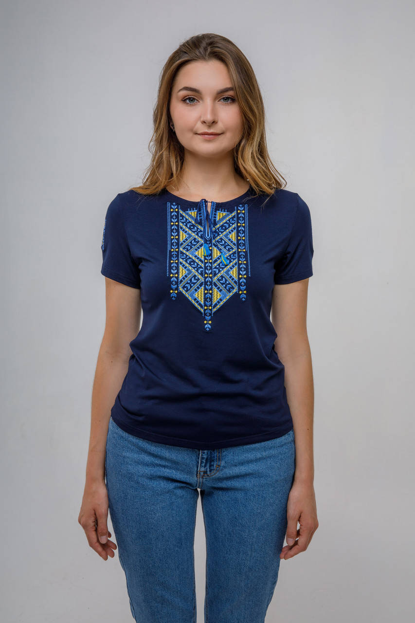 

Женская вышитая футболка Лоза желто-голубая, Синий