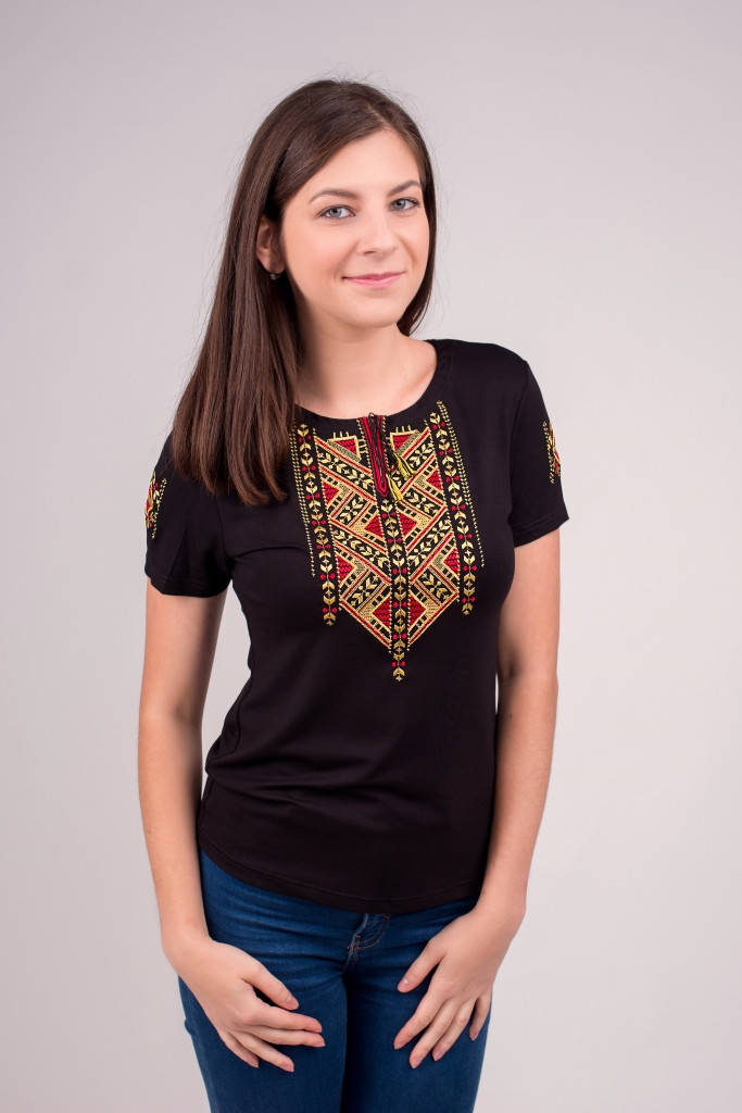 

Женская вышитая футболка золота Лоза, Черный