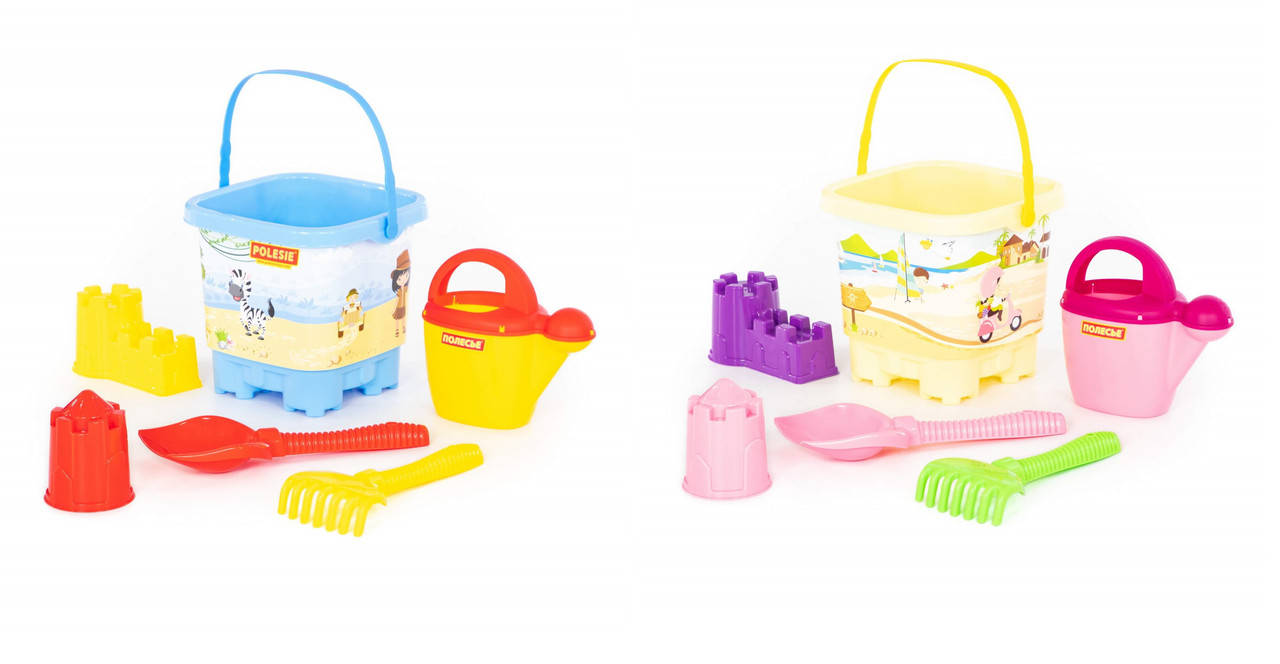 

Песочный набор №593 Полесье: ведро-замок, с наклейкой, лопатка, грабельки, лейка, формочки, 62475