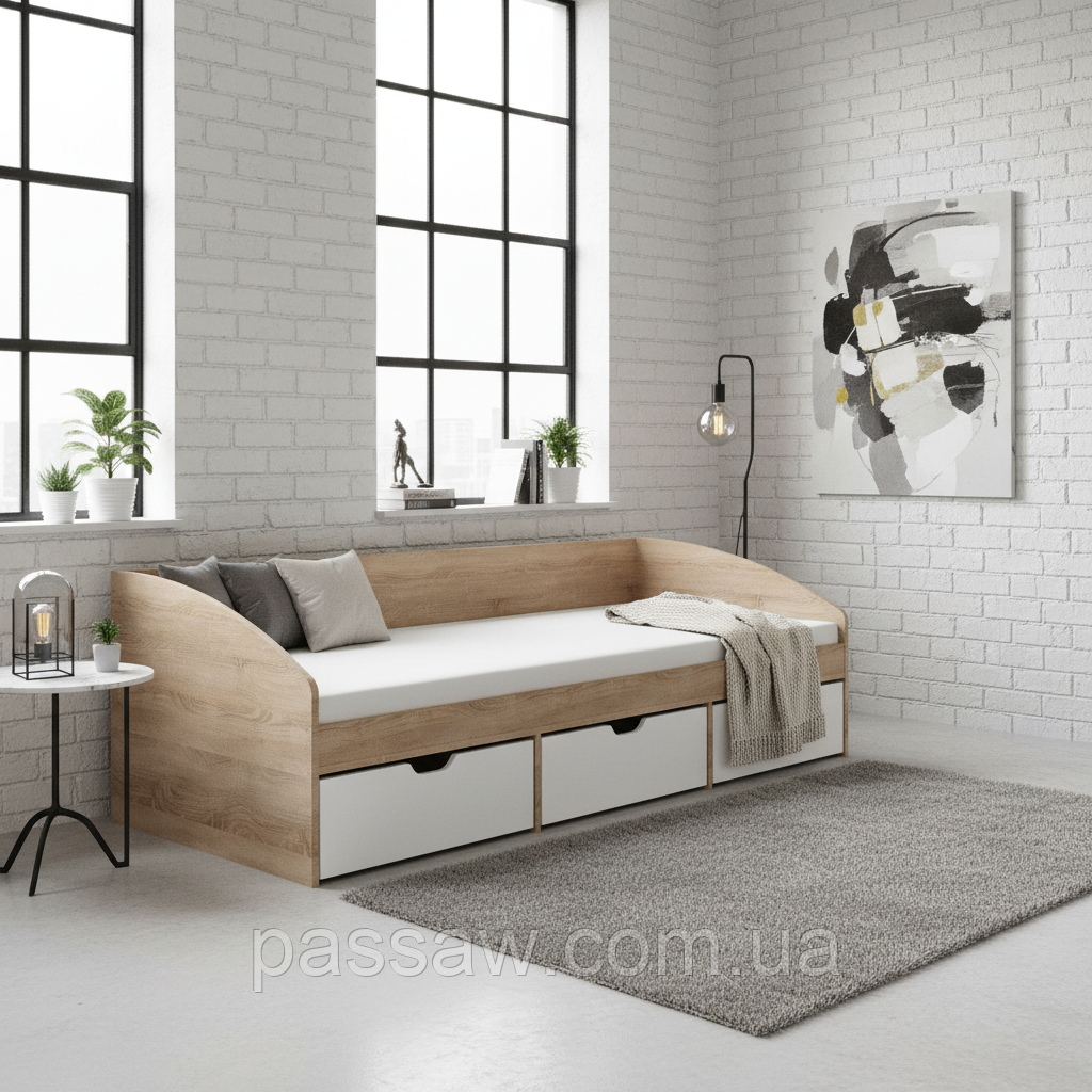 Односпальне ліжко з ящиками Єверест Комфорт-3 Дуб сонома + білий, фото 1