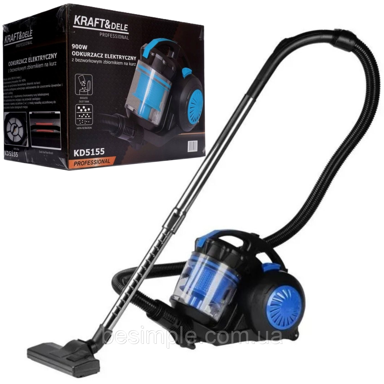 Пилосос без мішка від мережі 3л, 900Вт, Kraft&Dele KD5155 / Пилосос для дому / Пилосос контейнерний / Побутовий пилосос, фото 1