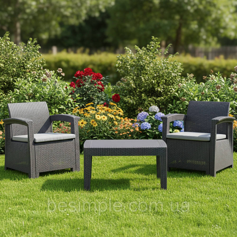 Садовий набір Garden Line ZUM0852: стіл та 2 стільці з ротанга (3 предмети) / Набір меблів для саду / Садові меблі, фото 1