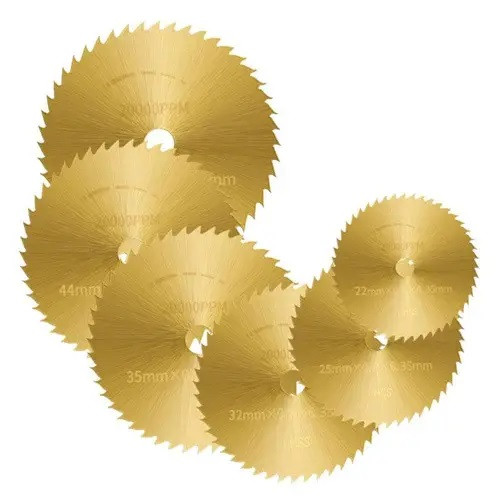 Набір відрізних кругів 6шт і 2 тримача, дискових пил 22-50мм, HSS, золотисті, фото 1