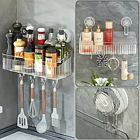 Полиця у ванну на присосках з гачками, 30х22х10,8 см / Настінна поличка органайзер для ванної