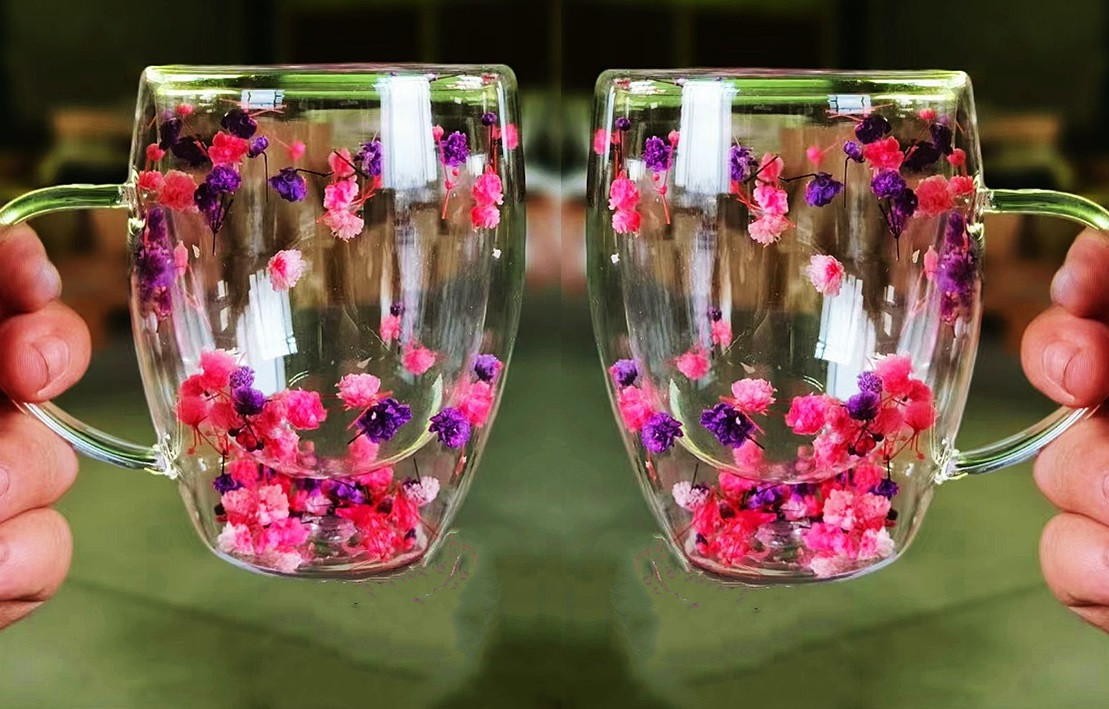 Набір скляних чашок із подвійними стінками, Сухоцвіти рожеві з фіолетовим, 250 мл