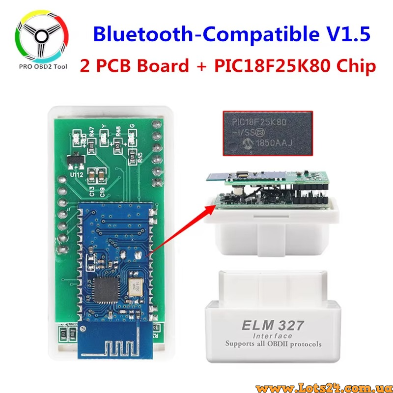 Автосканер obd2 elm327 2 плати версія v1.5 чіп pic18f25k80 діагностичний сканер адаптер для діагностики авто vag ваз bmw BLUETOOTH, фото 1