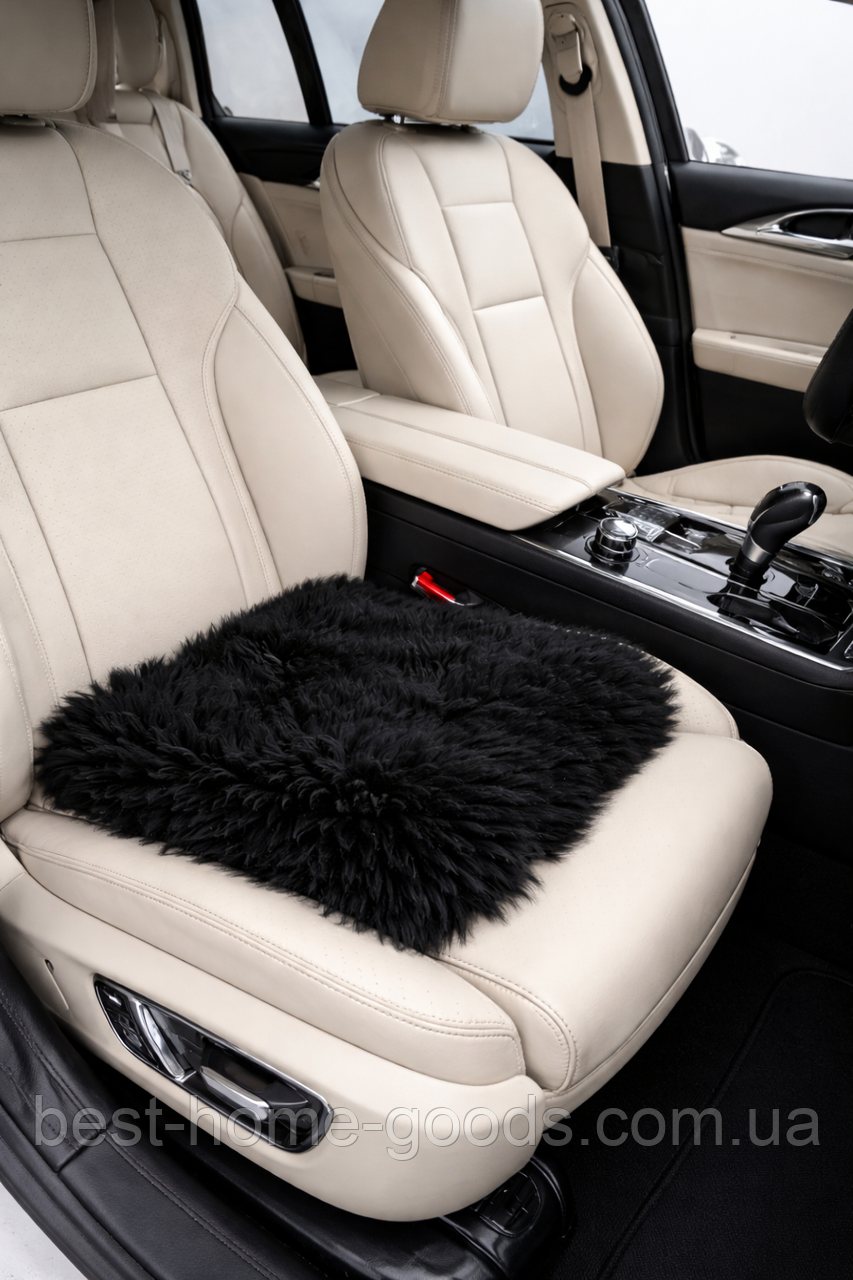 Накидка з натуральної овечої шкіри чорна 40×40 см, ворс 6 см — стильний акцент для крісла, стільця, авто та інтер'єру, фото 1