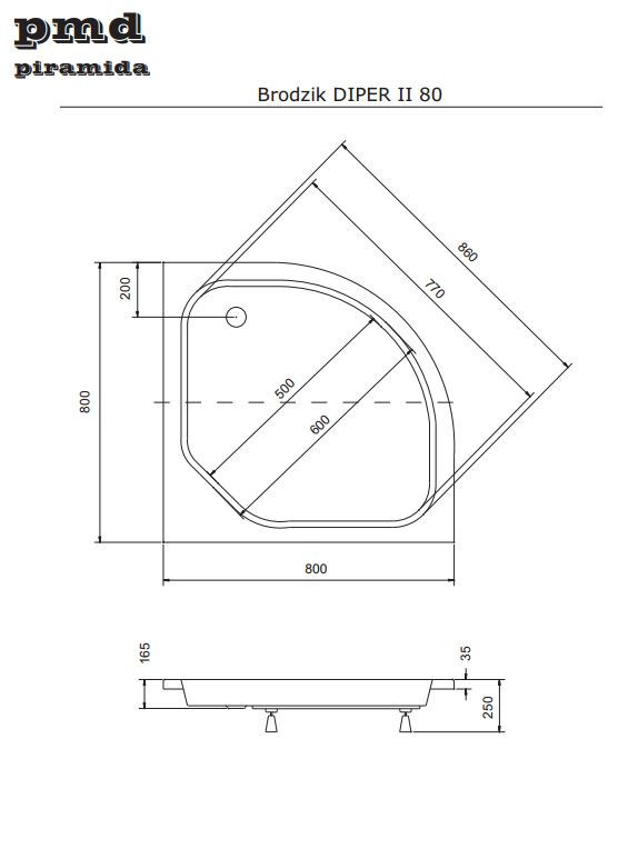 Душовий напівкруглий акриловий піддон DIPER-2 80х80х15/25 BESCO PMD PIRAMIDA - фото 3 - id-p493464377