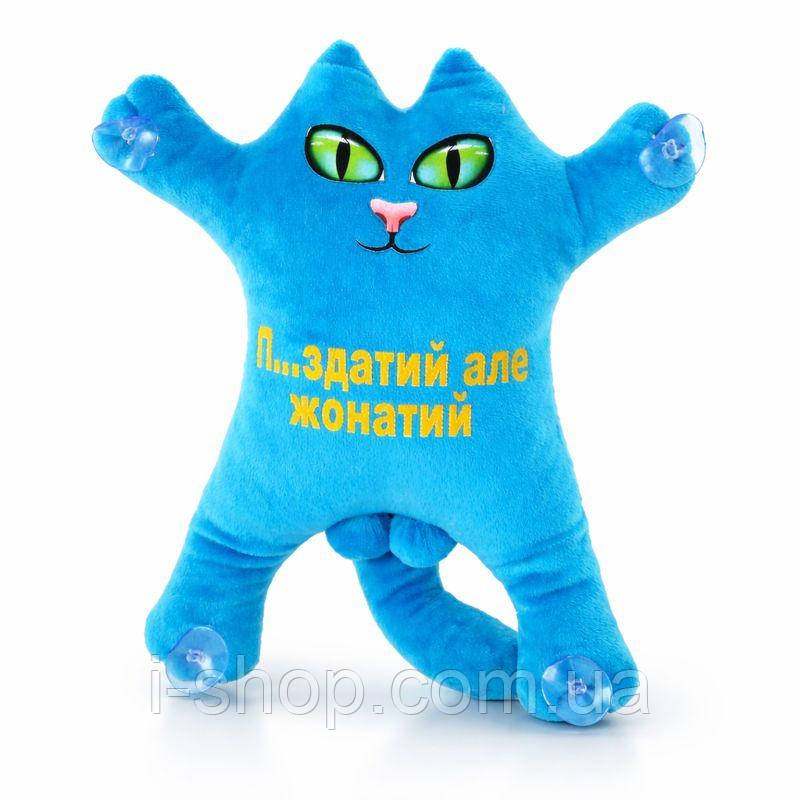 Іграшка прикол бірюзовий кіт з присоскою для авто і дому весела м'яка іграшка з написом 30 см, фото 1