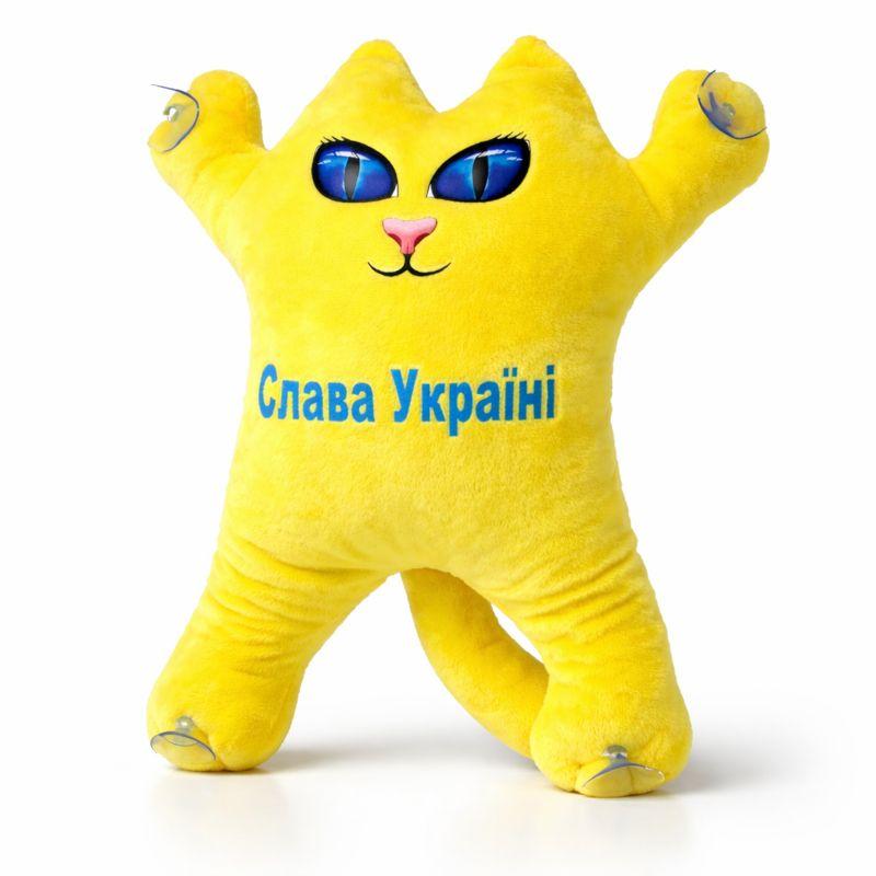 М'яка іграшка котик на присосках патріотична жовта 30см для авто та дітей Слава Україні, фото 1