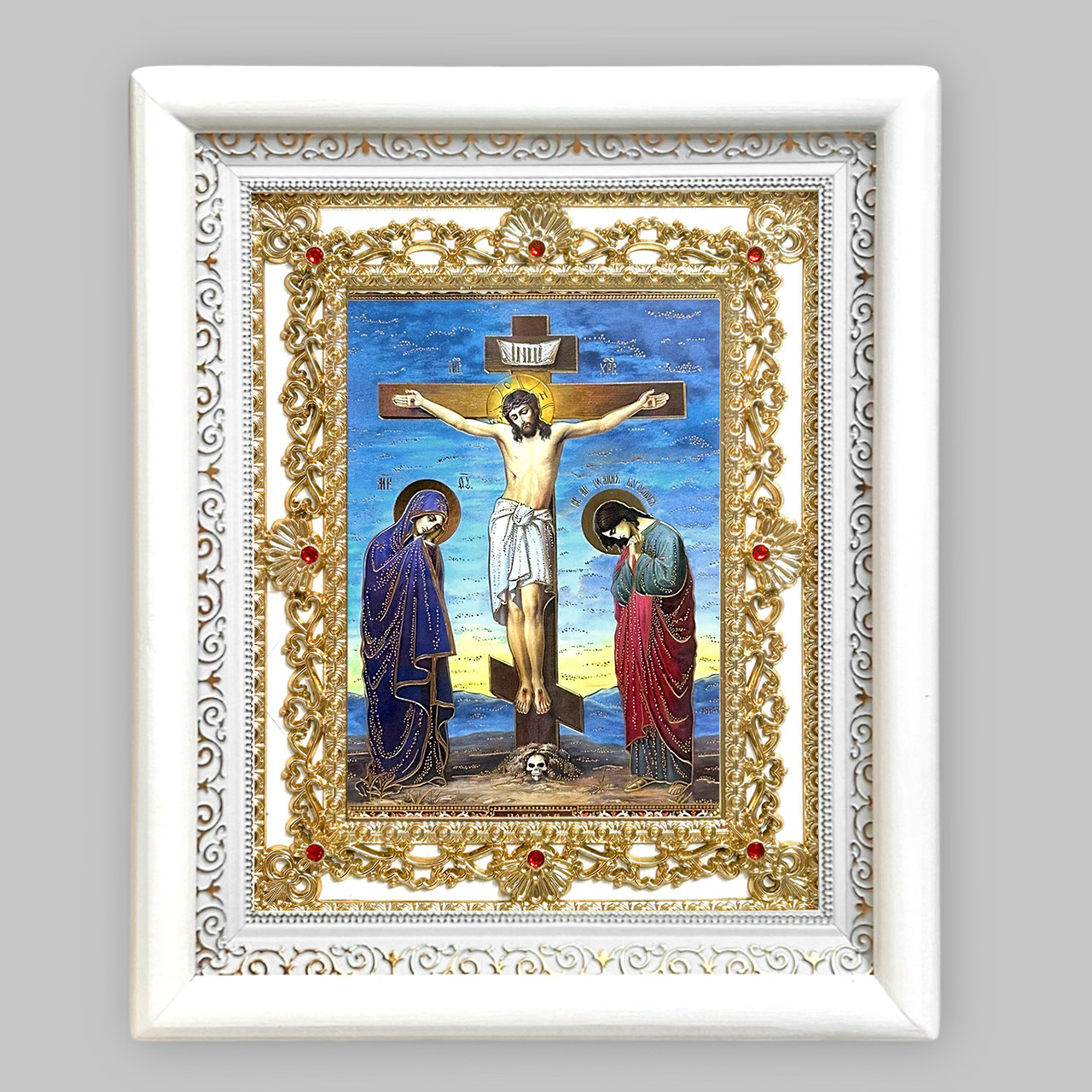 Ікона Голгофа, лик 15х18 см, в білому кіоті з камінням, фото 1