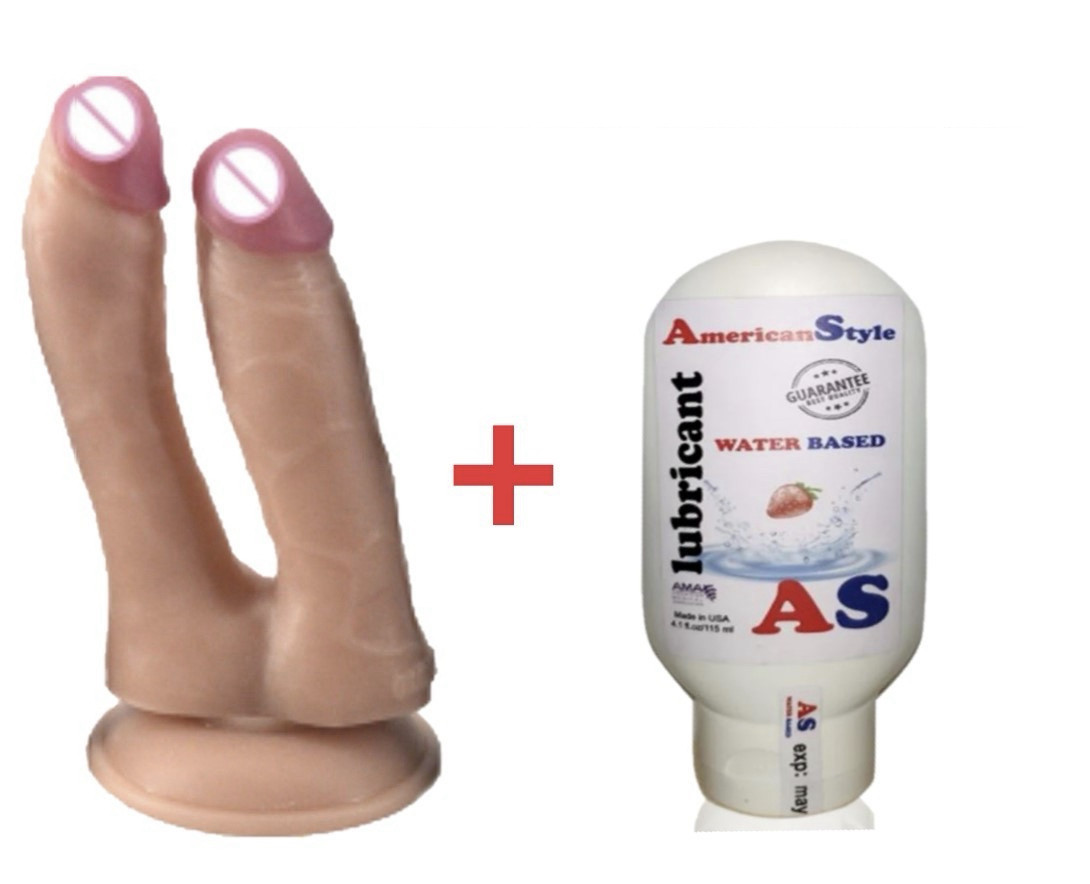 Фалоїмітатор на присоску реалістичний подвійний анальний вагінальний з інтимним гелем Полуниця, фото 1