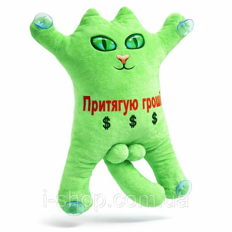 Зелений котик іграшка на присосках талісман на гроші м'яка іграшка для авто та подарунка 30 см, фото 1