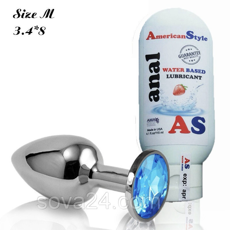 Середній анальний корок + лубрикант полуничний. Втулка сталева, пласт.Блакита., фото 1