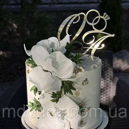 Топер з ініціалами ОА та обручками на верх торта, дзеркальне золото, фото 2