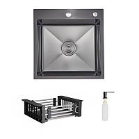 Комплект Lidz Handmade H5050HB Мийка для кухні інтегрована Decor Black PVD Honeycomb у комплекті з дозатором + Lidz LIDZK01B