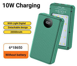 Корпус для Power Bank на 6*18650 2*USB з LED світильником Зелений