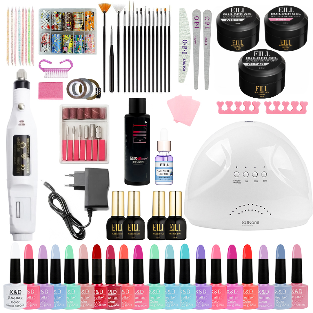Набір для манікюру та педикюру - великий стартовий набір (Фрезер-ручка, Лампа 24/48Вт, 20гель-лаків, гелі, база, топ, ремувер), фото 1