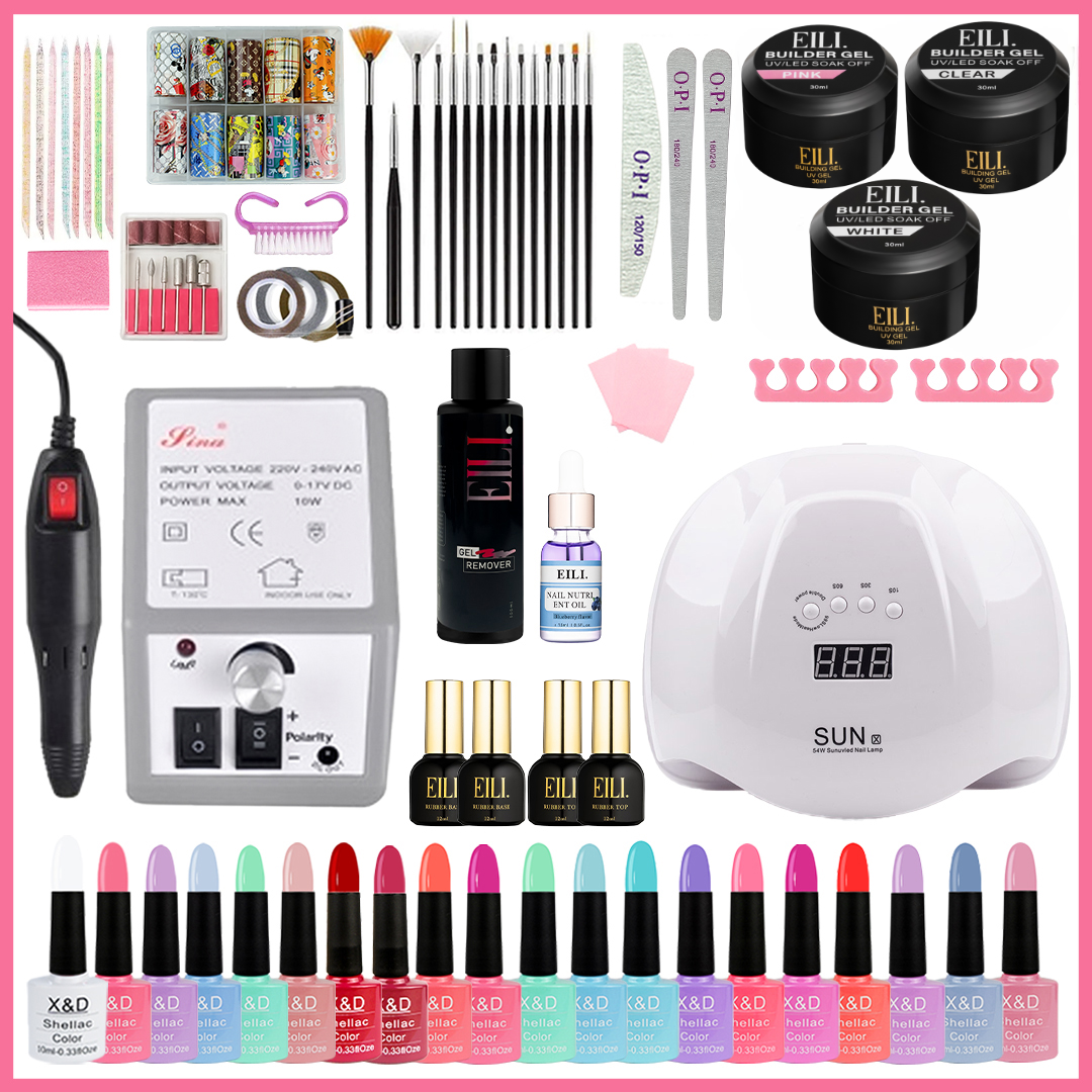 Стартовий набір для манікюру та педикюру - великий набір для манікюру (Фрезер, Лампа 54Вт, 20гель-лаків, гелі, розхідники), фото 1