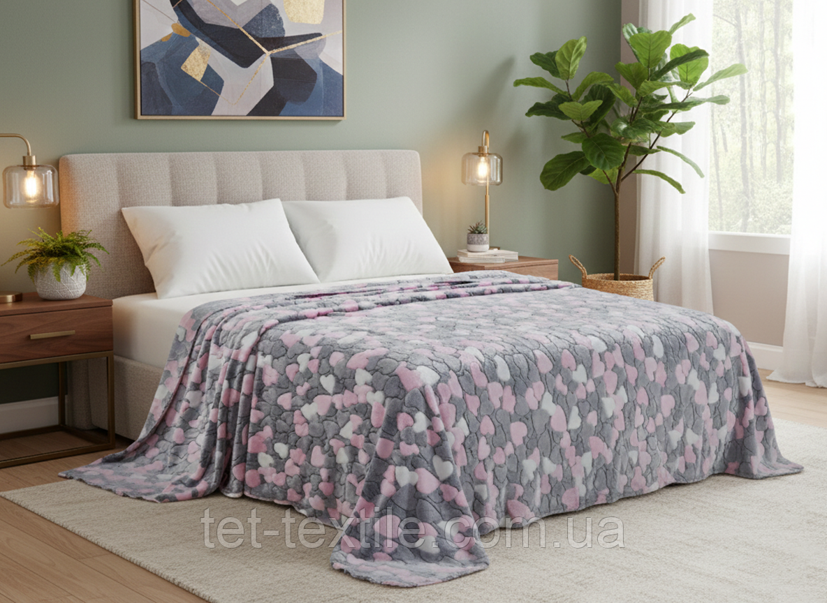 Плед з мікрофібри Велсофт Сердечки сіро-рожеві 220х240 см