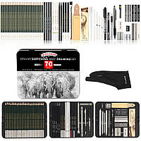 Набір олівців для ескізів, малювання та роботи з вугіллям Kalour, 70 елементів у металевому кейсі