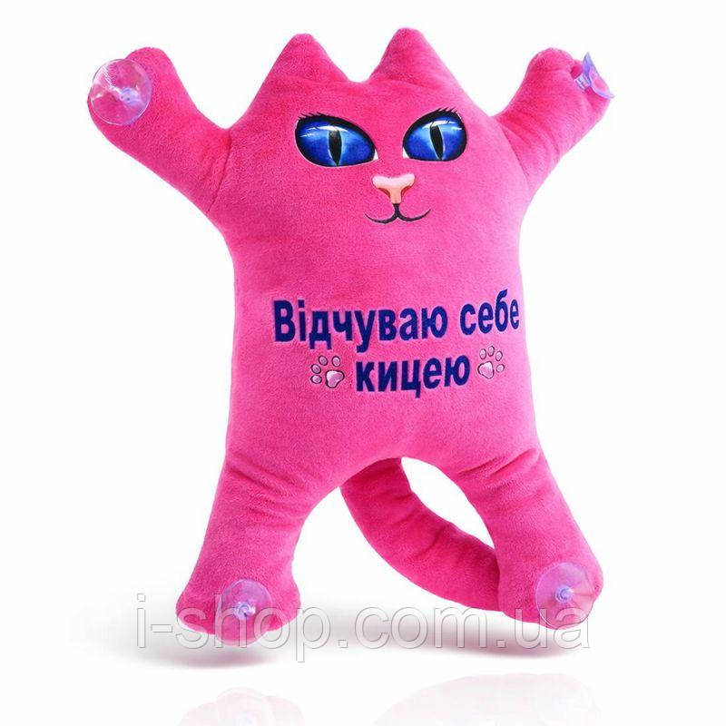 М'яка іграшка кіт на присосках малиновий котик 30см для авто та інтер'єру з написом Відчуваю себе кицею, фото 1