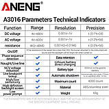 Мультиметр Aneng A3016 600V AC/DC Voltage, NCV, LCD з підсвіткою, Smart,з вбудованим літієвий акумулятором, фото 2