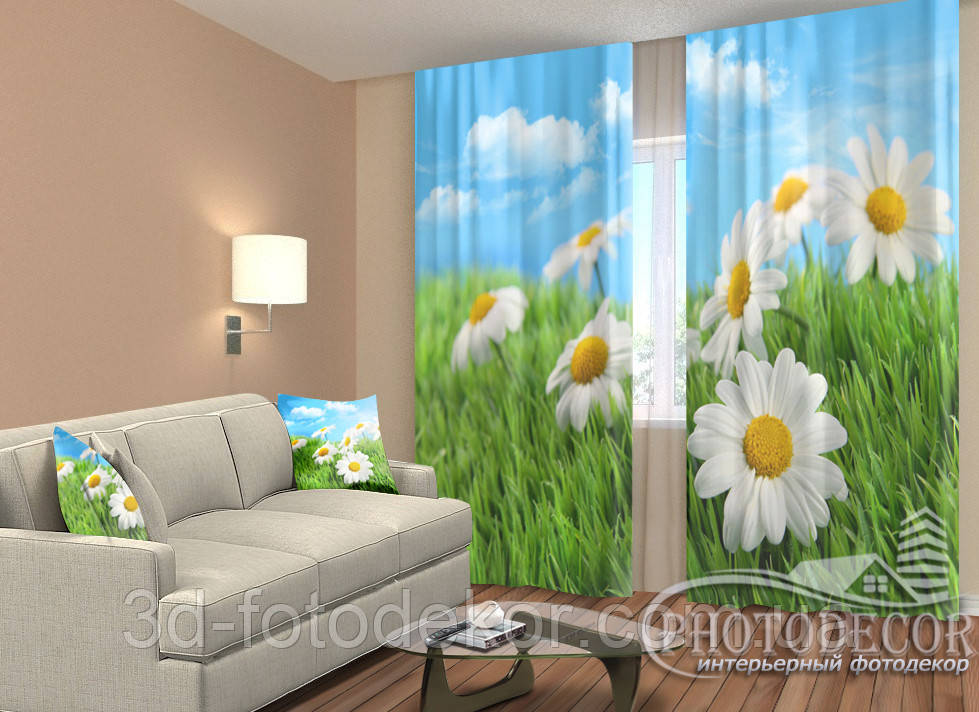 3D Фото Штори "Ромашки в травичці" 2,5 м*2,6 м (2 полотна по 1,30 м), тасьма
