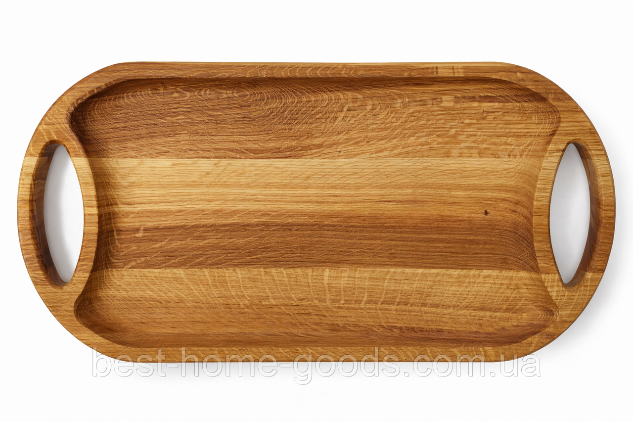 Дерев’яний овальний піднос менажниця з дуба 50×25×2.2 см з ручками — міцний сервірувальний піднос для подачі закусок і напоїв, фото 1