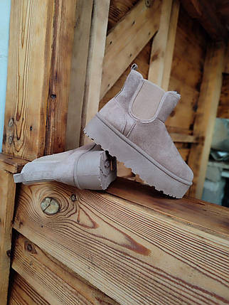 Уги ЧЕЛСІ черевички теплі БІЖОВІ BEIGE світлі ХАКИ на високій підошві екозамша жіночі зимові LQD, фото 1