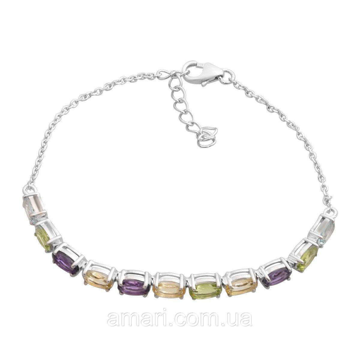 Срібний браслет Komilfo з натуральним аметистом, цитрином, хризолітом, топазом, фіанітами, вага виробу 4,21 г (2190745) 1720, фото 1