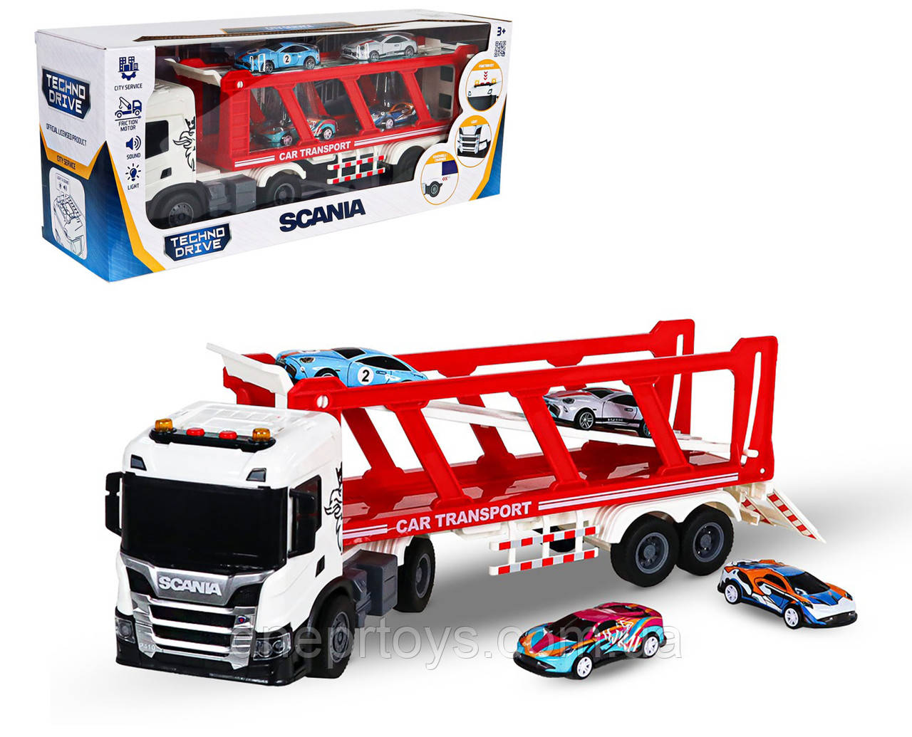 Автоперевізник Scania (4 машинки, світло, звук), Large Truck, TechnoDrive,  42х13х15 см (6414KS), фото 1