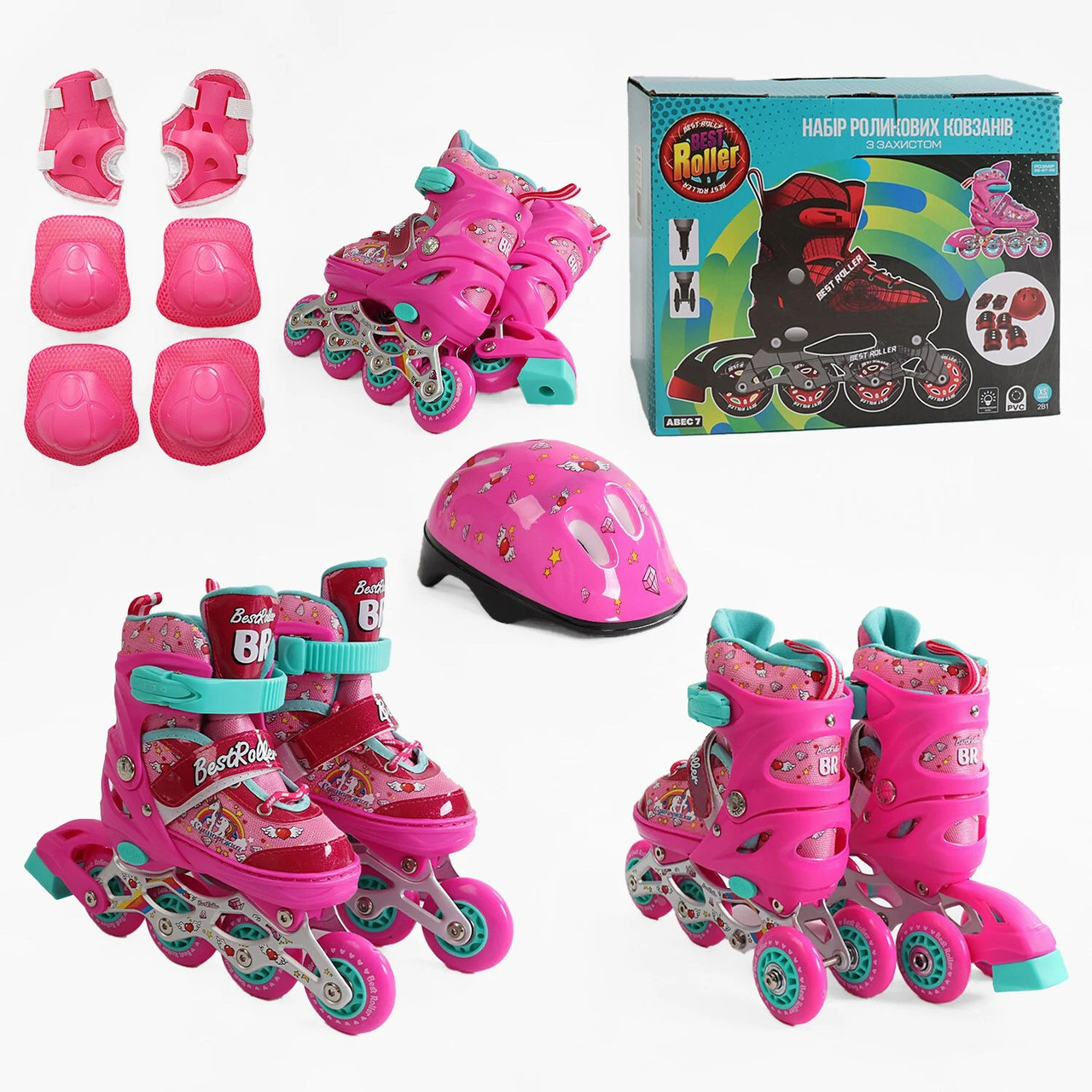 Набір дитячих роликів із шоломом і захистом розмір 28-31 10588-S Рожеві, колеса PVC, переставні колеса, фото 1