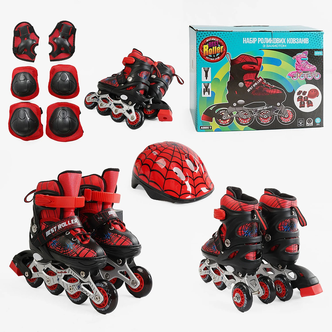 Набір дитячих роликів із шоломом і захистом розмір 28-31 12405-S Червоні, колеса PVC, переставні колеса, фото 1