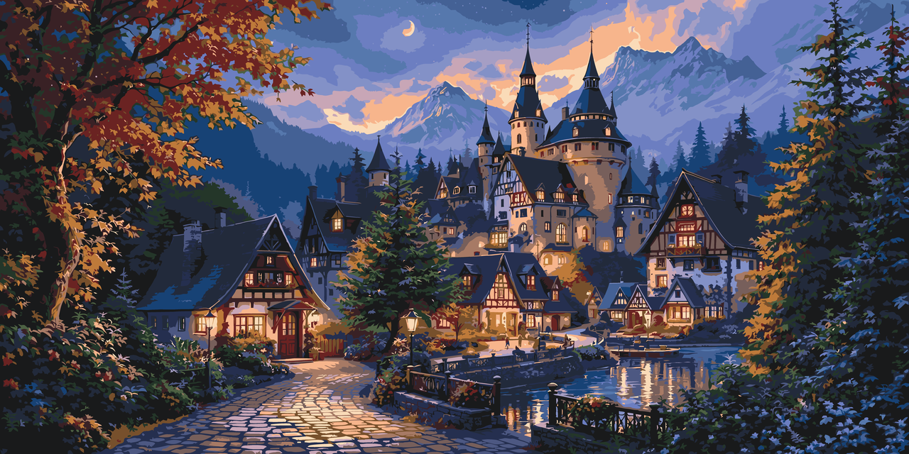 Картина за номерами 40×80 см Kontur. Замок в горах. Вечірнє містечко DS0717, фото 1