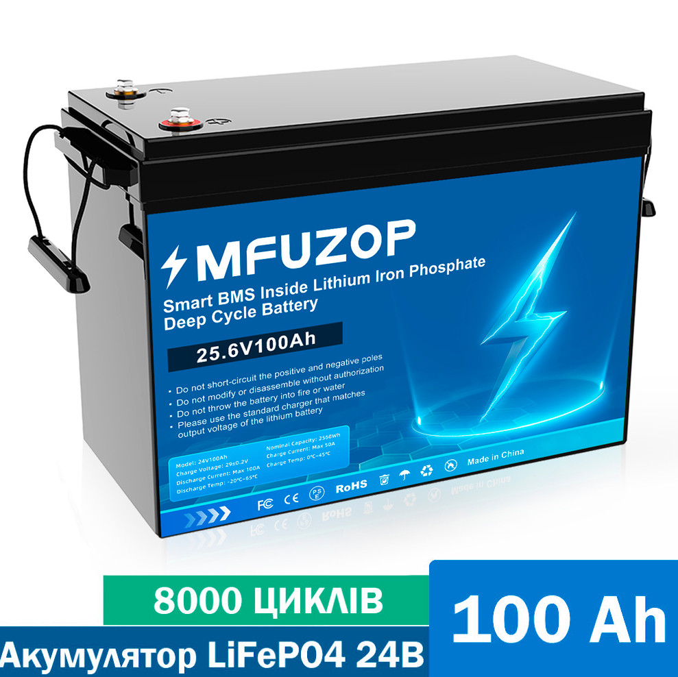 Акумулятор LiFePO4 MFUZOP 24V 100Ah з BMS, літій-залізо-фосфатна батарея для сонячних систем, ДБЖ, RV Синій