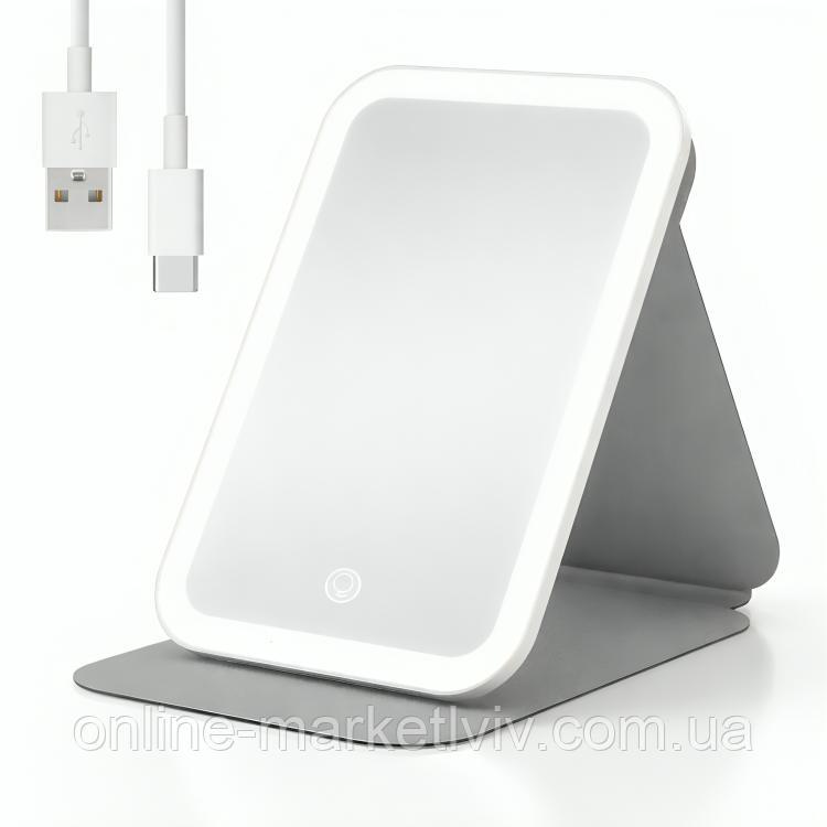 Настільне дзеркало з підсвіткою, від USB, 20х14 см / Сенсорне дзеркало для макіяжу / Дзеркало складне, фото 1