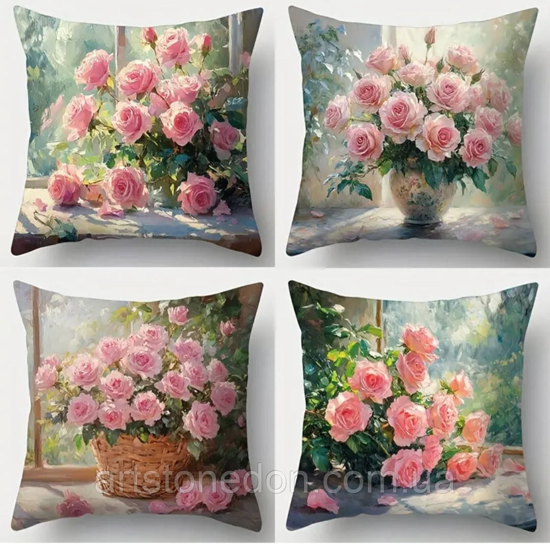 Набір декоративних наволочок 40×40 см «Рожеві троянди», 4 шт, фото 1