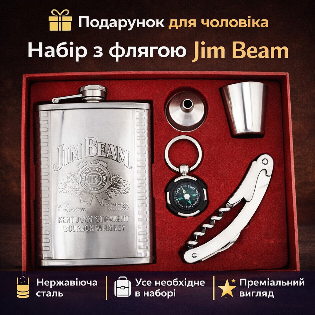 Набір подарунковий Фляга +Компас + Мультиніж+ Рюмка Jim Beam 255 мл, фото 1