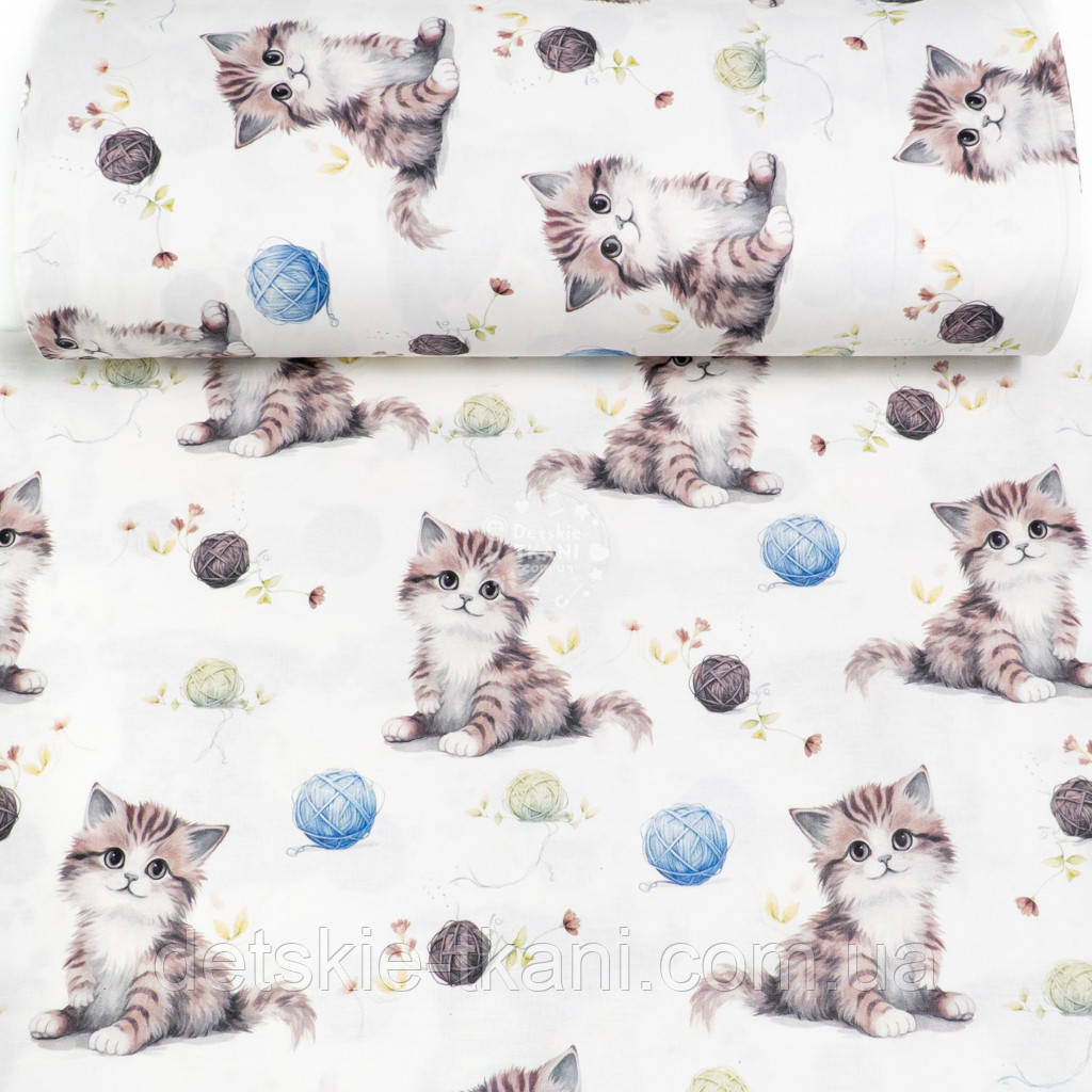Ранфорс digital з цифровим друком "Сірі котики та клубки ниток", №5860, фото 1