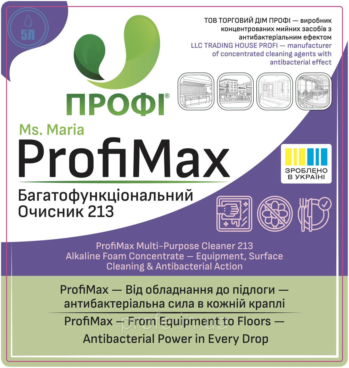ПРОФІ 213 – багатоцільовий засіб для очищення та дезінфекції обладнання, поверхонь та сантехніки (концентрат), фото 1
