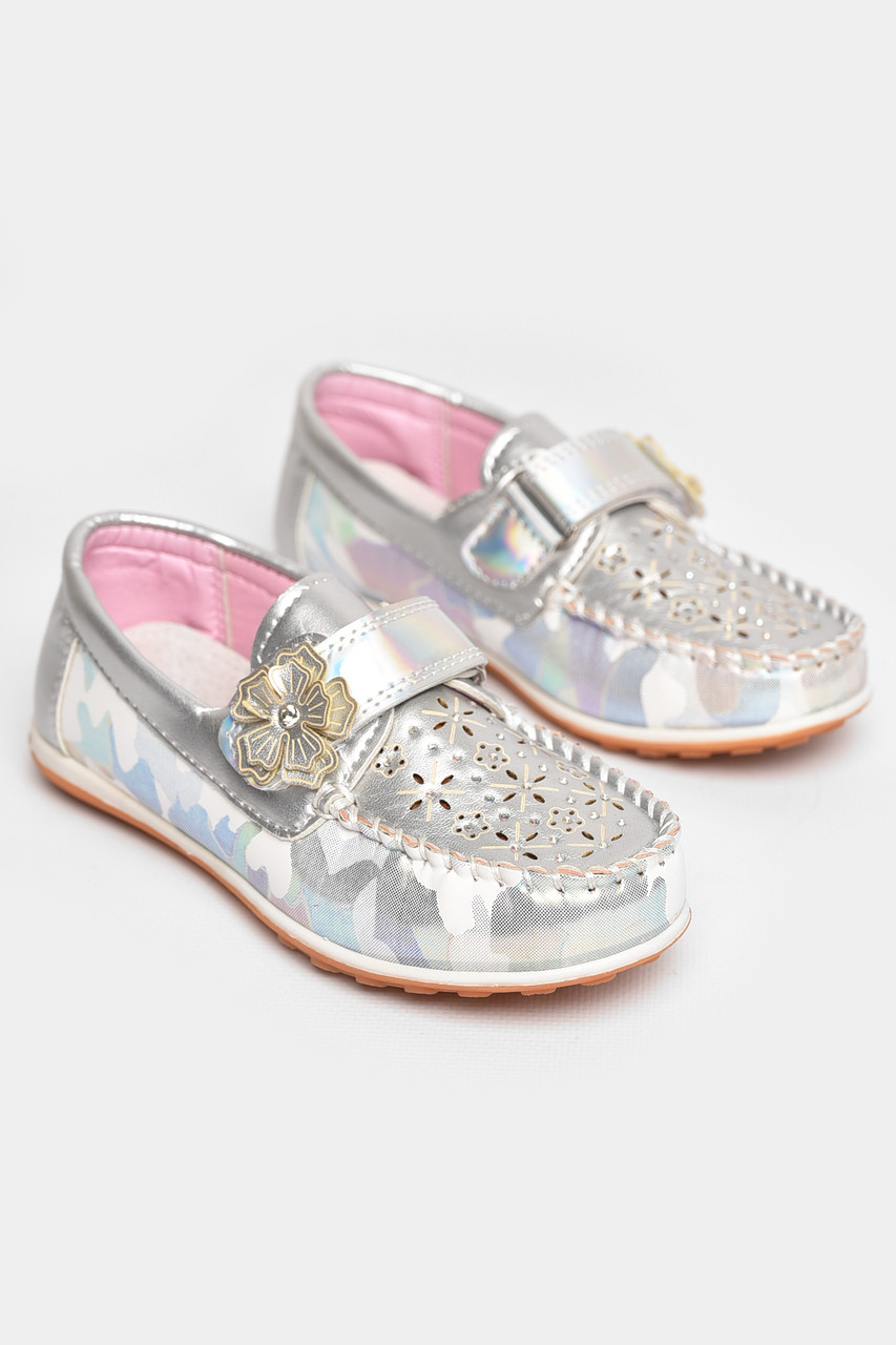 Мокасини дитячі для дівчинки сріблястого кольору 209143T Безкоштовна доставка, фото 1