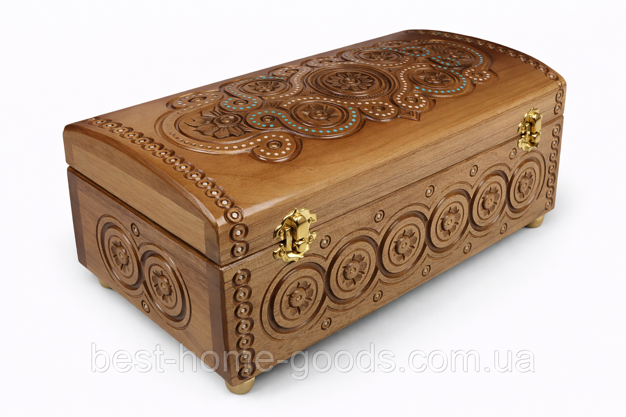 Велика різьблена дерев’яна шкатулка з горіха 30×15.2×13 см, оксамитове дно, інкрустація бісером | Шкатулка ручної роботи, фото 1