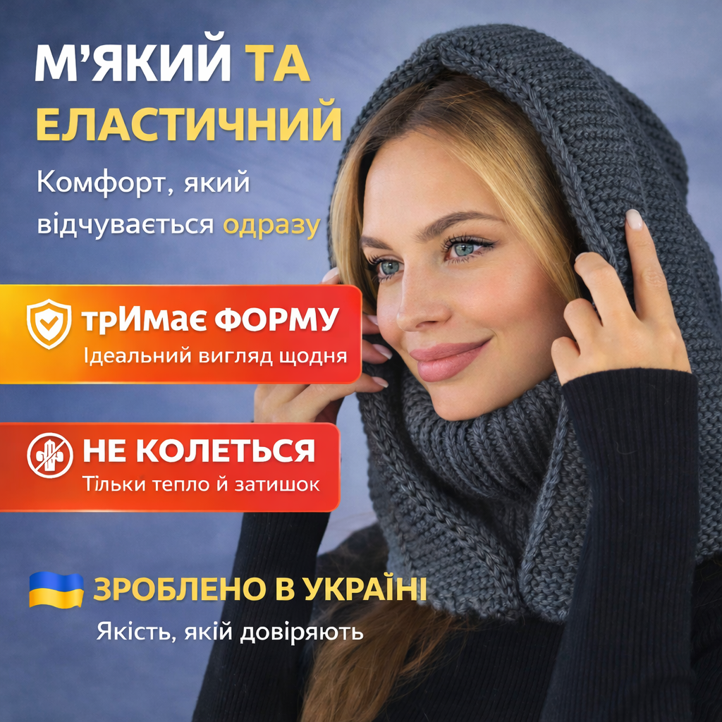 Капор теплий в'язаний жіночий темно-сірий Лея Капор жіночий зимовий універсальний, фото 1