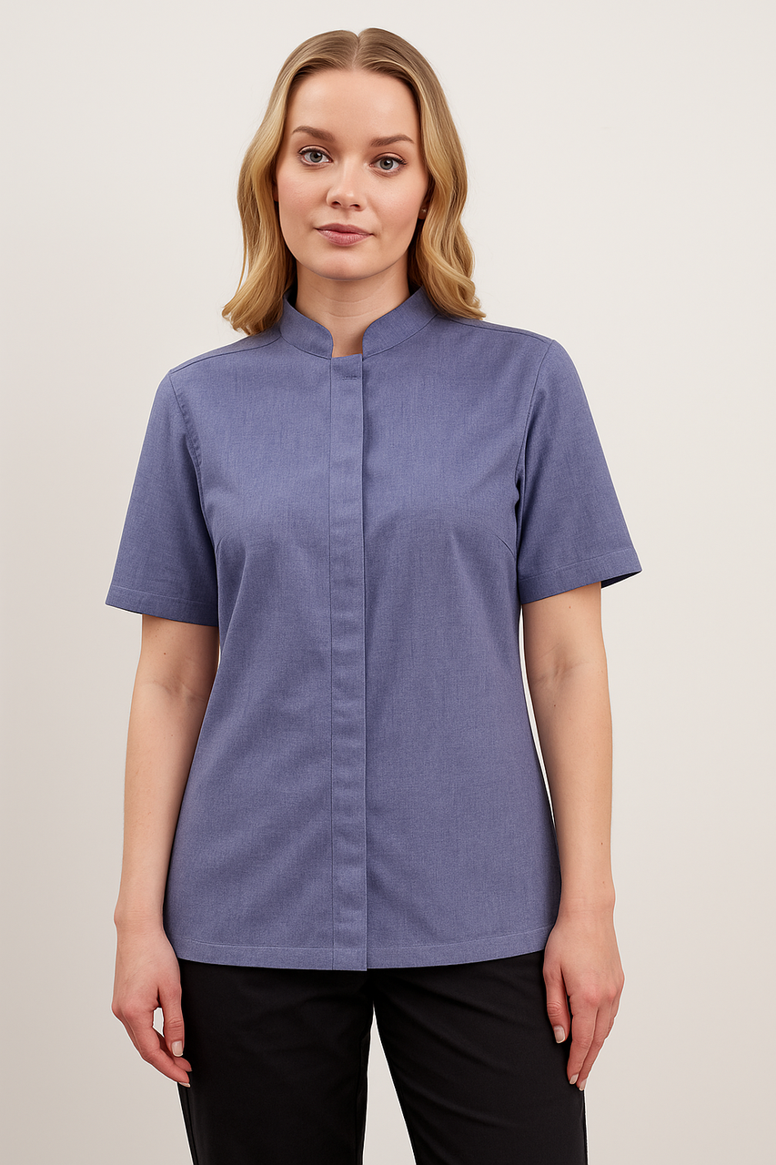 Кітель жіночий з потаємною планкою та коротким рукавом блакитний меланж Atteks — 00905