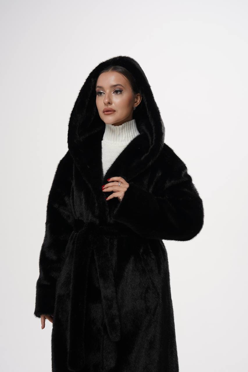 Шуба із хутра під норку чорна 118 см з капюшоном, фото 1