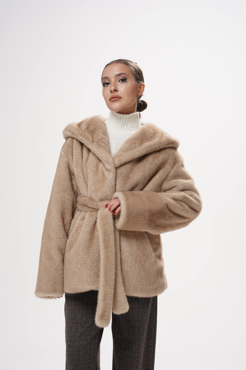 Шуба із хутра під норку, бежева 70 см з капюшоном, фото 1