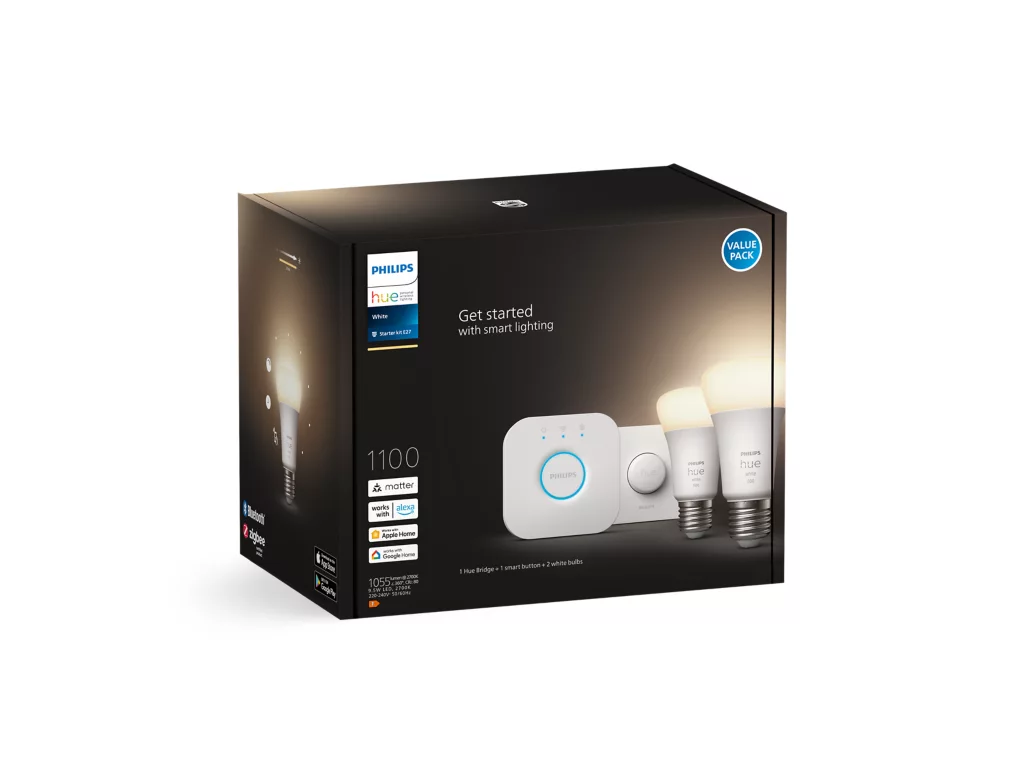 Стартовий набір розумного освітлення Philips Hue White: 2 LED-лампи E27 A60 1100лм + бездротова кнопка Smart Button + Hue Bridge, фото 1
