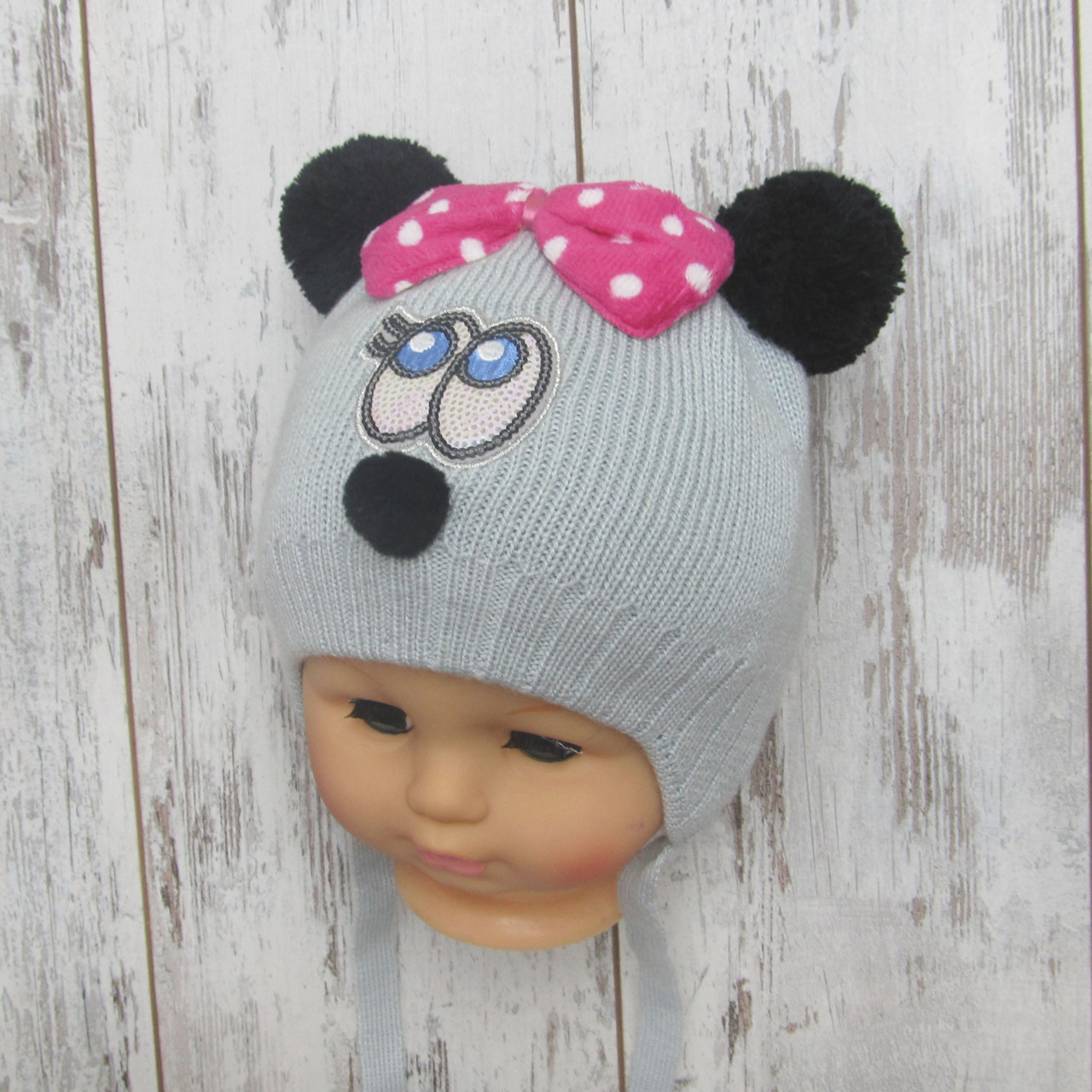 44-46 9-18 міс зимова в'язана шапка для маленької дівчинки на флісі з двома помпонами 3904 Сірий